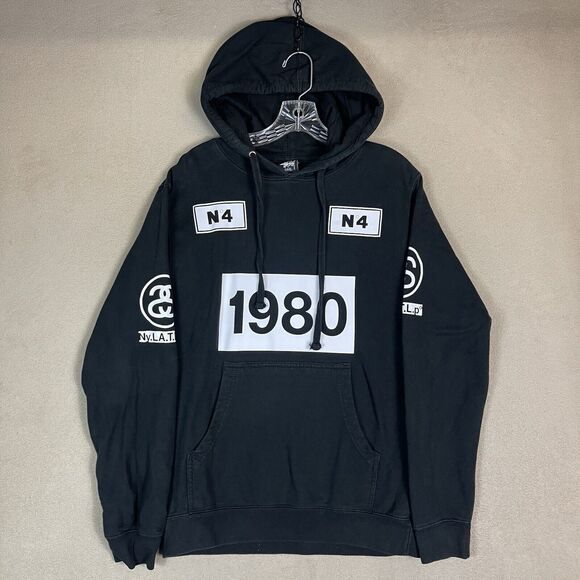 Stussy Hoodie Mens Small Black Graphic Print Long Sleeve Pullover Sweatshirt - Picture 1 of 14